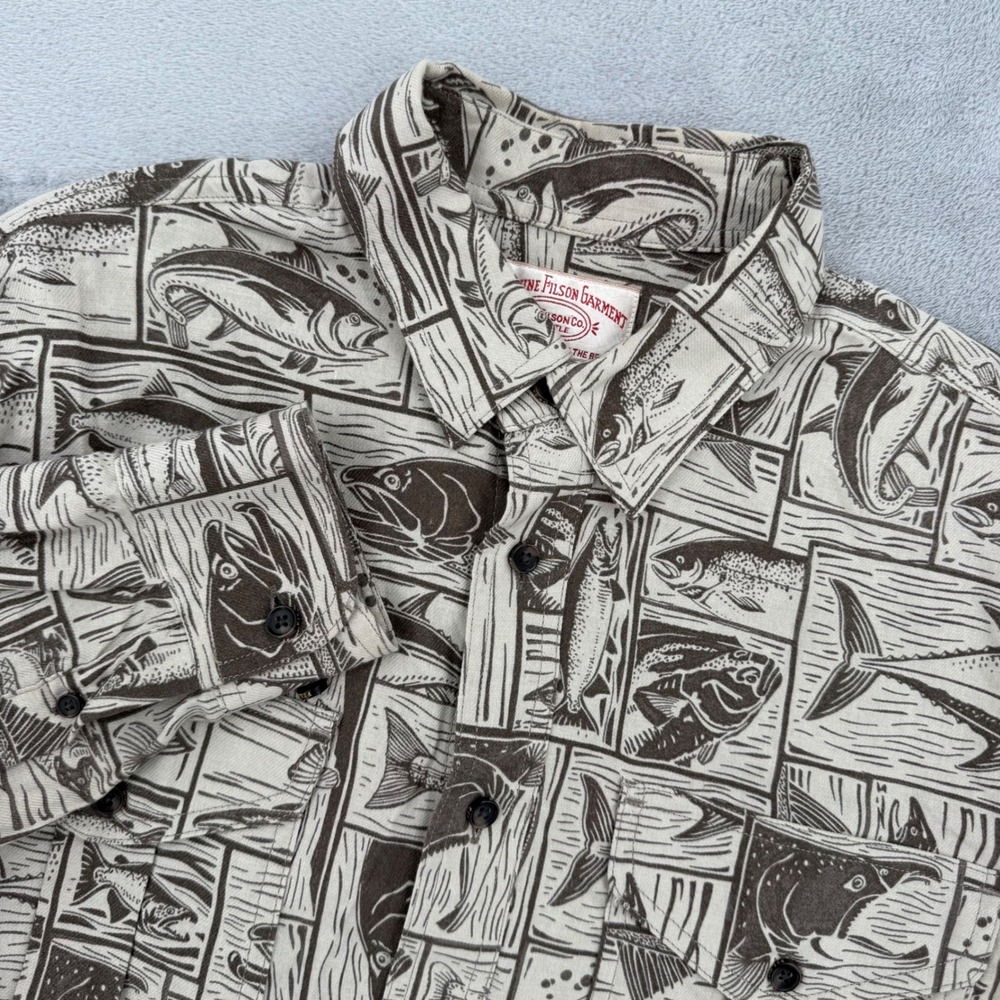 Filson Mens Fish Print Button Down Shirt Cotton Tan Brown Size S